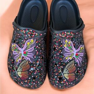 Black Embellished Butterfly Slip-On Clogs
